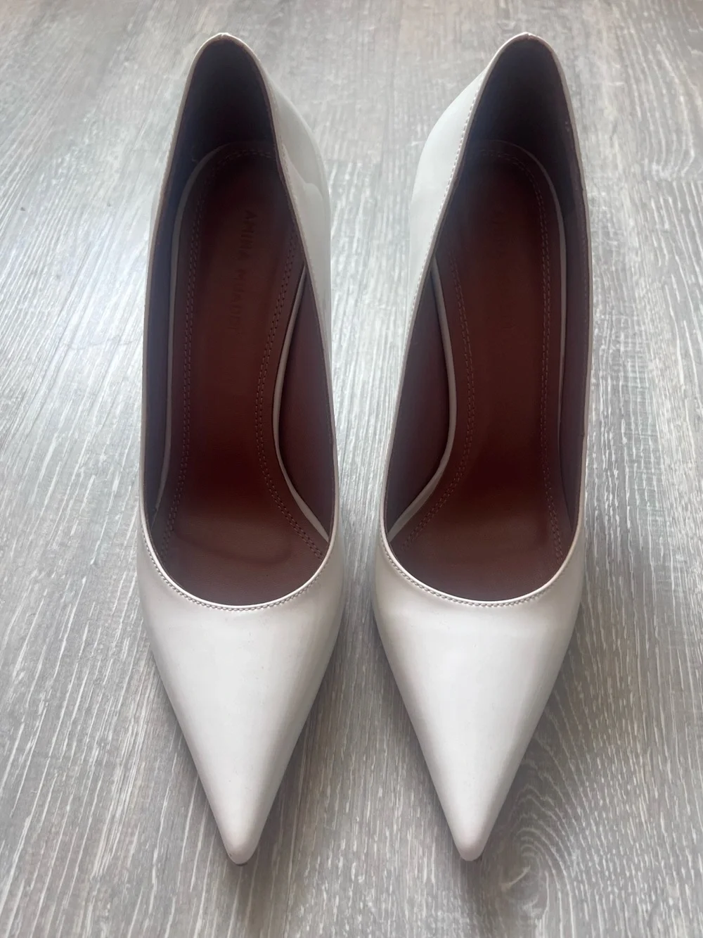 Amina Muaddi Women’s Pointed Toe White Patent High Heels